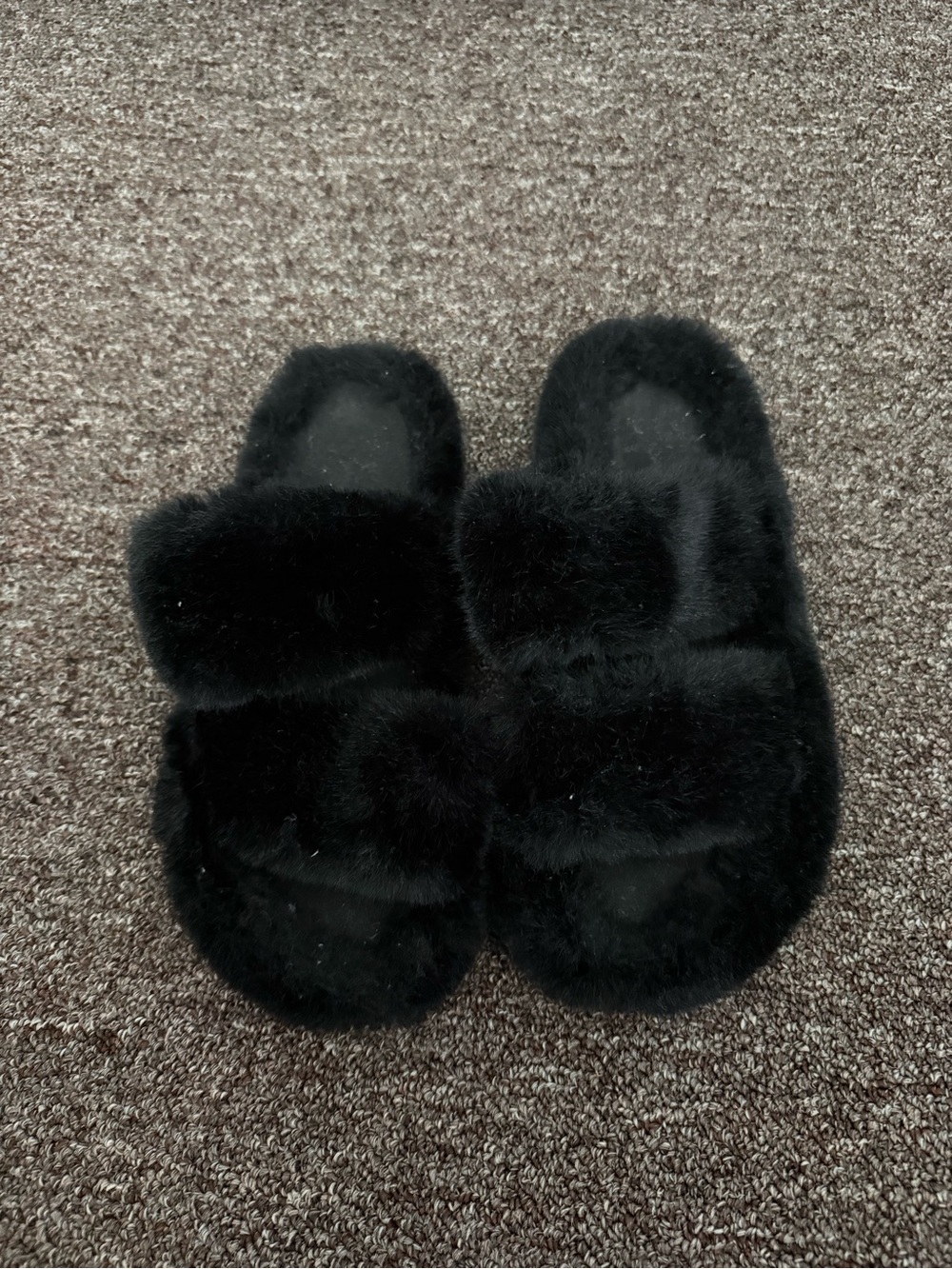Plush Faux Fur Black Slide Slippers for Women